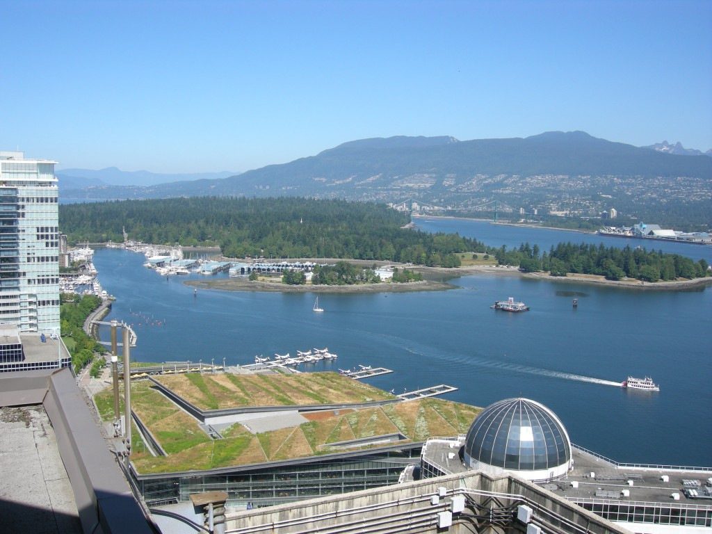 View from YHC’s tower. You can see the floatplane terminal, just behind the “green” roof of the Vancouver Convention Centre.