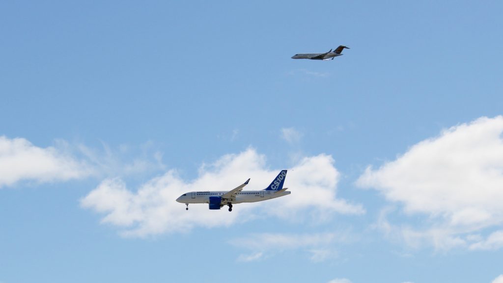 CSeries FTV1 and chase plane on downwind for landing at YMX