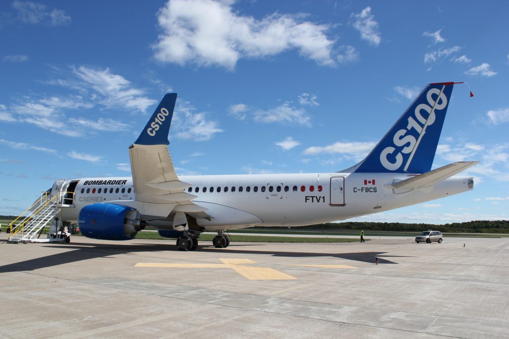 CSeries FTV1 on the YMX ramp after its successful first flight.