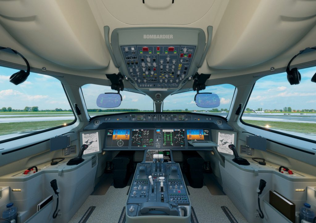 The REAL CSeries flight deck, with head-up displays deployed. Photo: Bombardier Commercial Aircraft