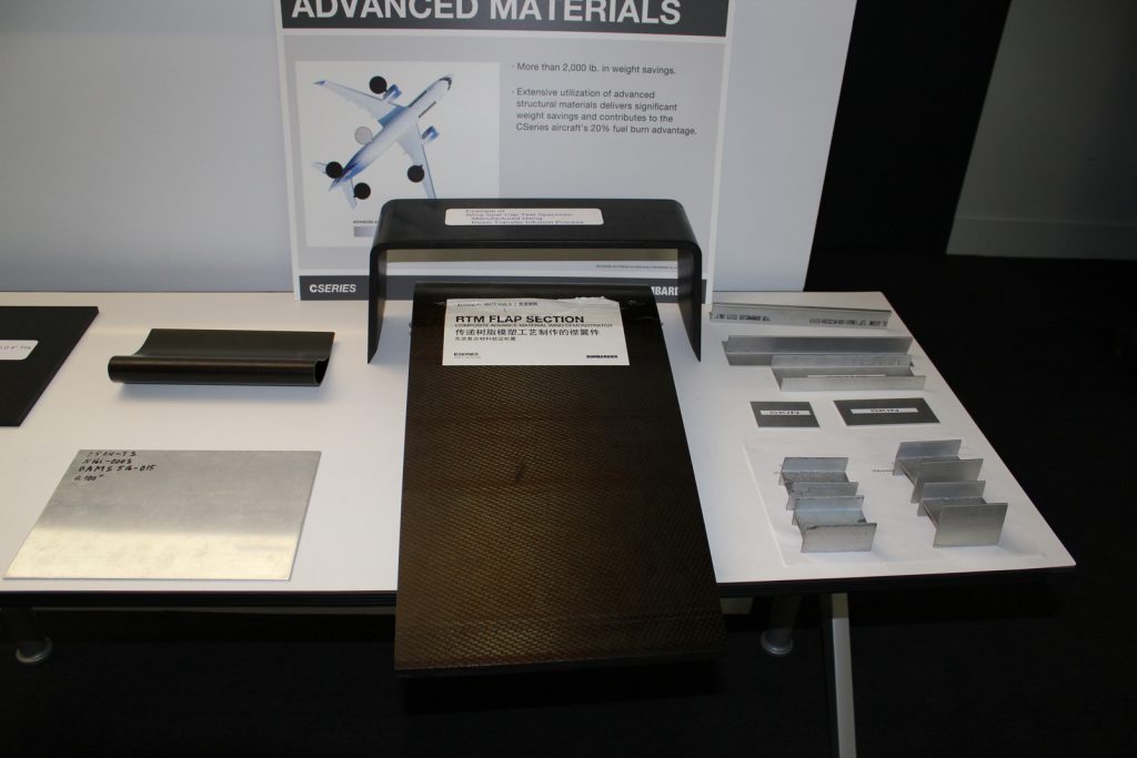 Assortment of materials used in the construction of the CSeries. An aluminum-lithium panel is lower left.