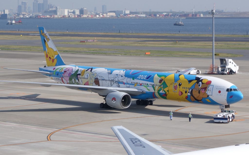 ANA 777-300 "Pokemon" pushes back from the gate at T2, HND