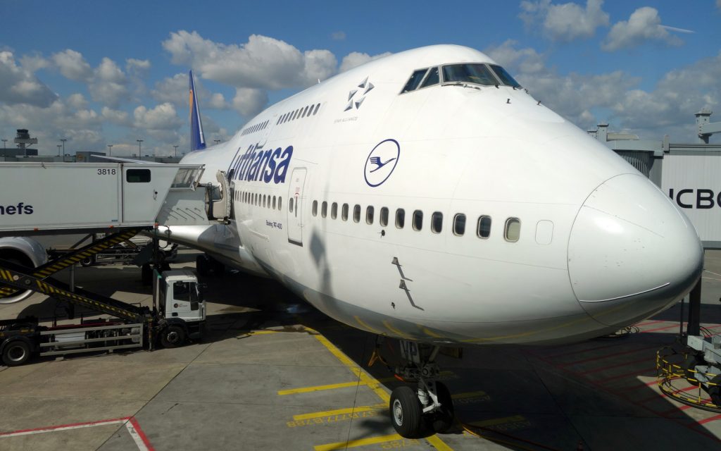 Catering truck up on a Lufthansa 747-400 at FRA