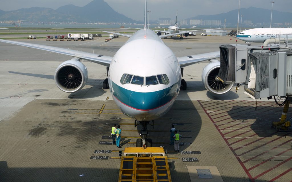 A Cathay Pacific 777 at HKG. Look for the ramp markings.