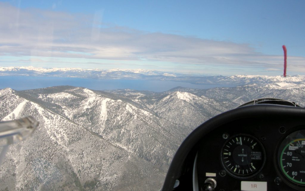Climbing at 600 ft/min in the LS4, looking at Lake Tahoe