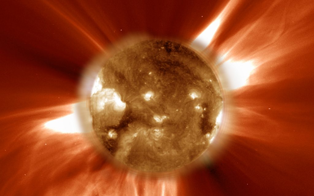 This ultraviolet image from the sun-orbiting SOHO spacecraft shows the sun during a solar storm. Image: NASA/JPL