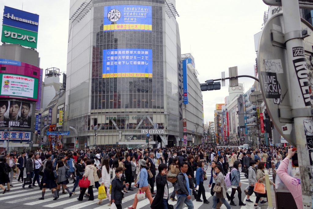 The famous "scramble" crossing at the Shibuya intersection
