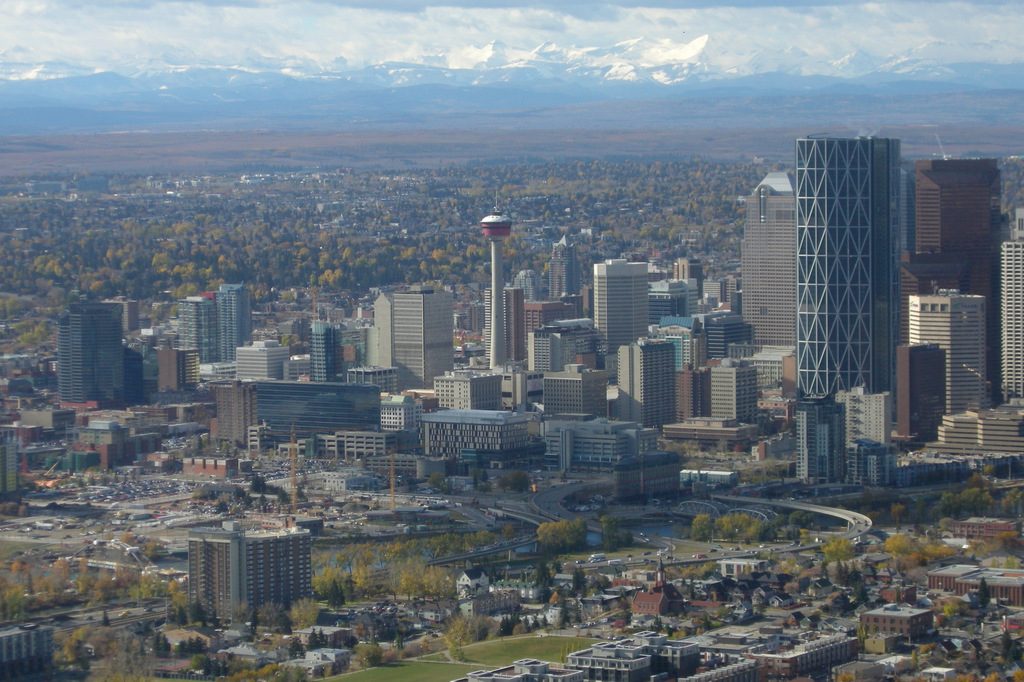 Downtown Calgary with the Rocky Mountains in the distance, on a bumpy final approach to YYC