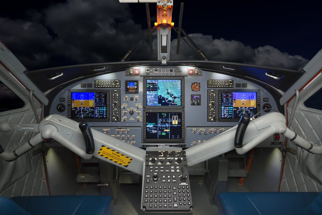 Twin Otter Series 400 – Honeywell Primus Apex Avionics. Engine controls? On the overhead panel. Photo: Viking Air