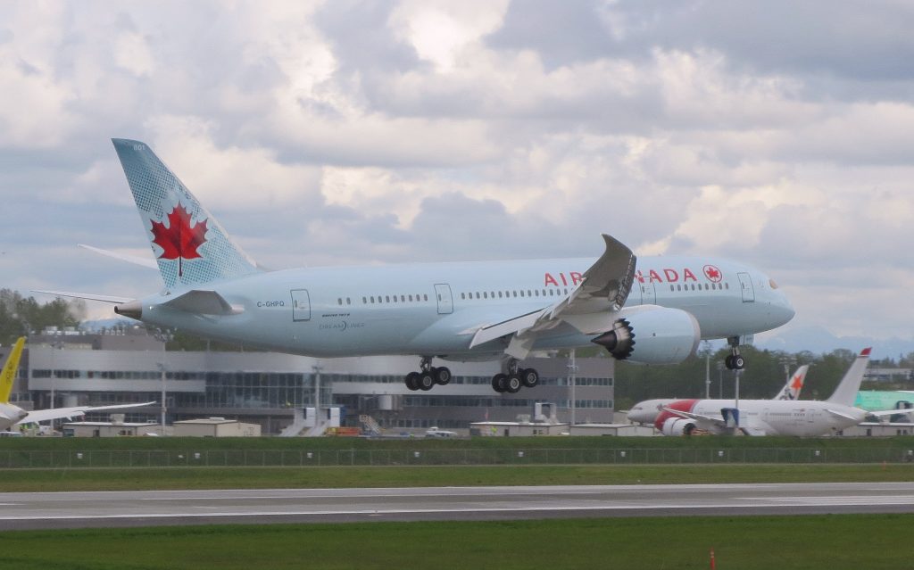 Air Canada's first 787-8 flares for landing, after its first short test flight. Photo: Barry Evans