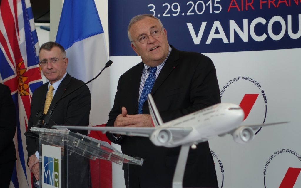 Air France's Patrick Alexandre speaks at the YVR inaugural gate event