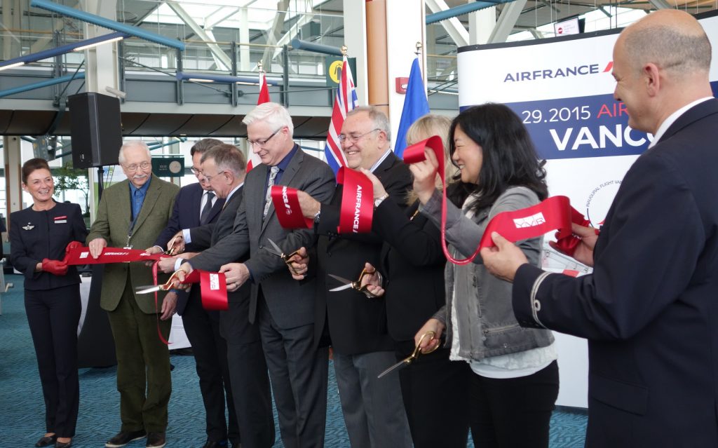 The ribbon-cutting ceremony at the Air France inaugural event at YVR