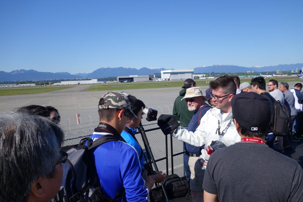 AvGeeks and Plane Spotters wait for the British Airways A380 inaugural at YVR.