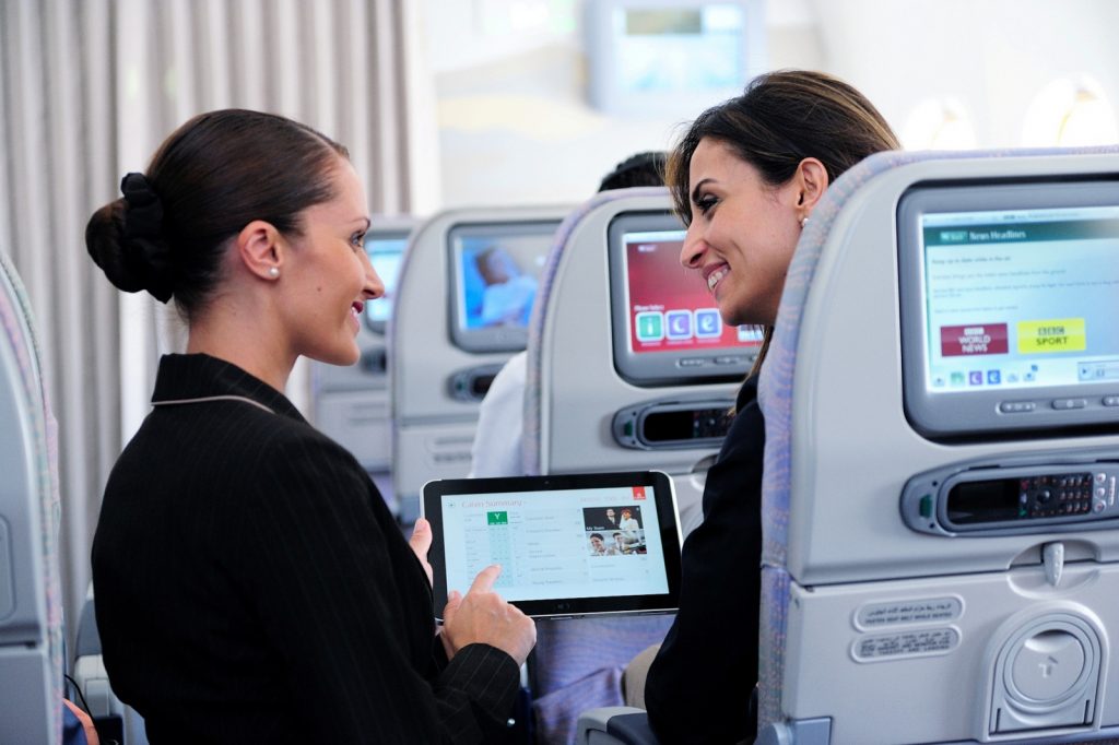 Emirates uses an HP tablet with its Knowledge-driven In-flight Service (KIS) System app. Photo: Emirates