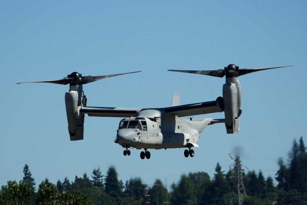 US Marine MV-22 Osprey landing at Boeing Field, Seattle. Photo: Mal Muir